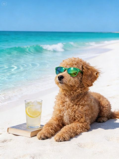 Imagined Milo wearing sunglasses on a beach