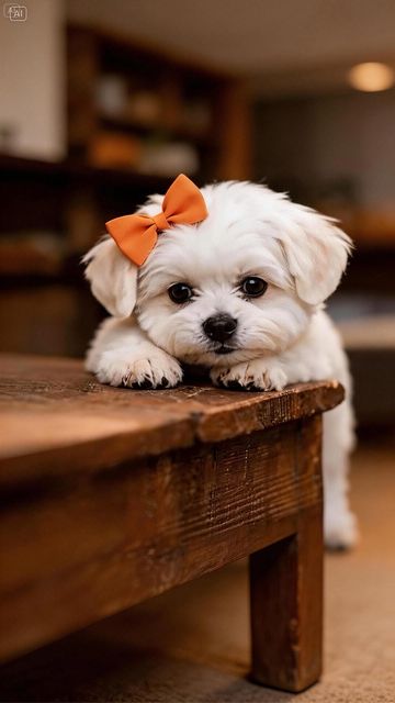 Imagined Lune with an orange bow, resting on a wooden table