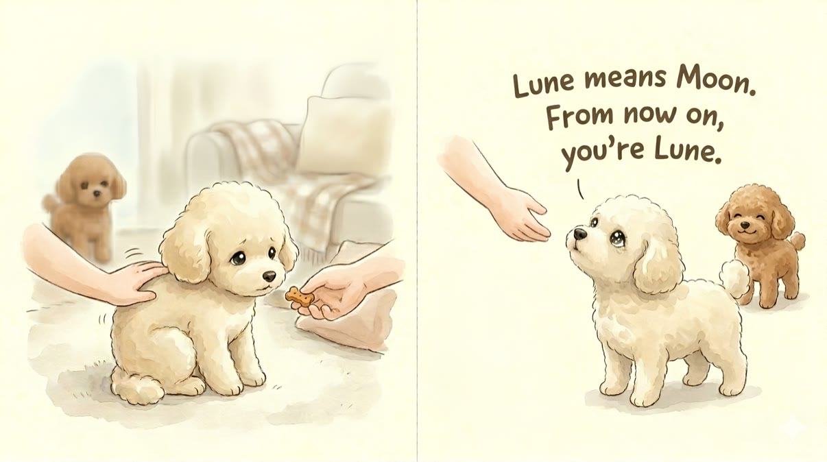 Picture book spread: the little white dog is given her name — Lune means Moon