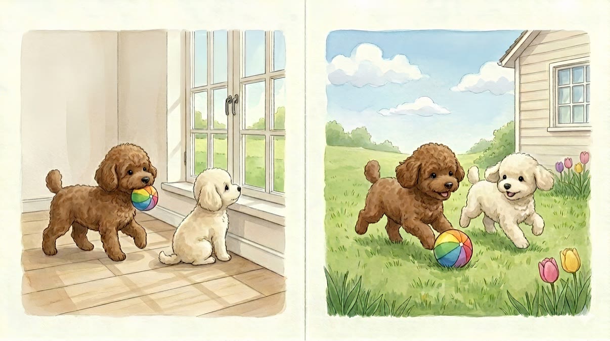 Picture book spread: Milo and Lune playing with a rainbow ball on the grass