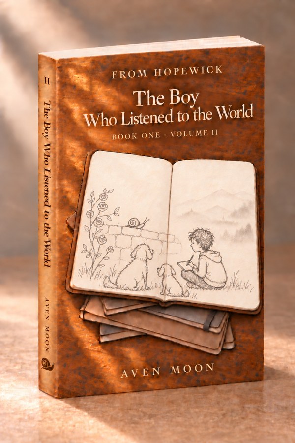 3D preview of the novel The Boy Who Listened to the World, Book One, Volume II, standing on a surface, showing the front cover with a notebook sketch of a boy drawing with two dogs and the spine